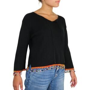 1990s Vintage Sweater with Tribal Beaded Tassel Fringe Large
